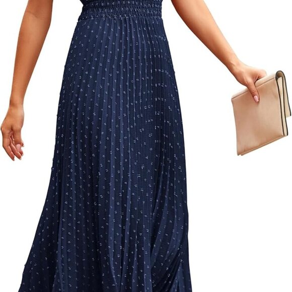 Womens Summer Midi Dresses Puff Short Sleeve V Neck Swiss Dot Pleated A Line Flo - Picture 1 of 8